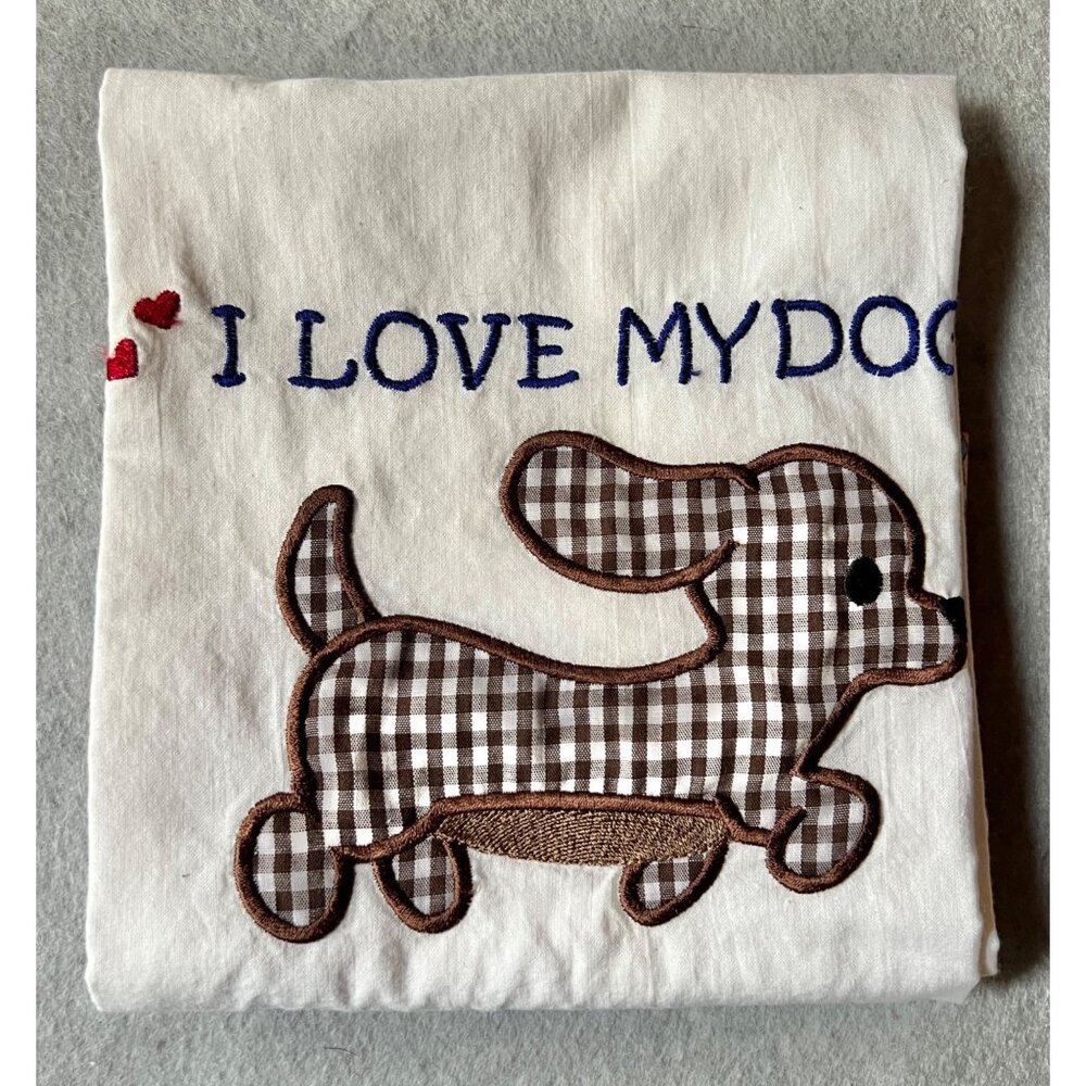 Embroidered Cotton Pillowcase With "I Love My Dog" Text & Gingham Puppy Appliqué